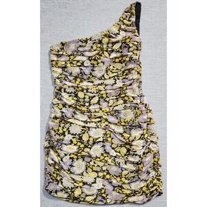 Zara One Shoulder Floral Ruched Mini party dance Dress Yellow Purple Size Medium